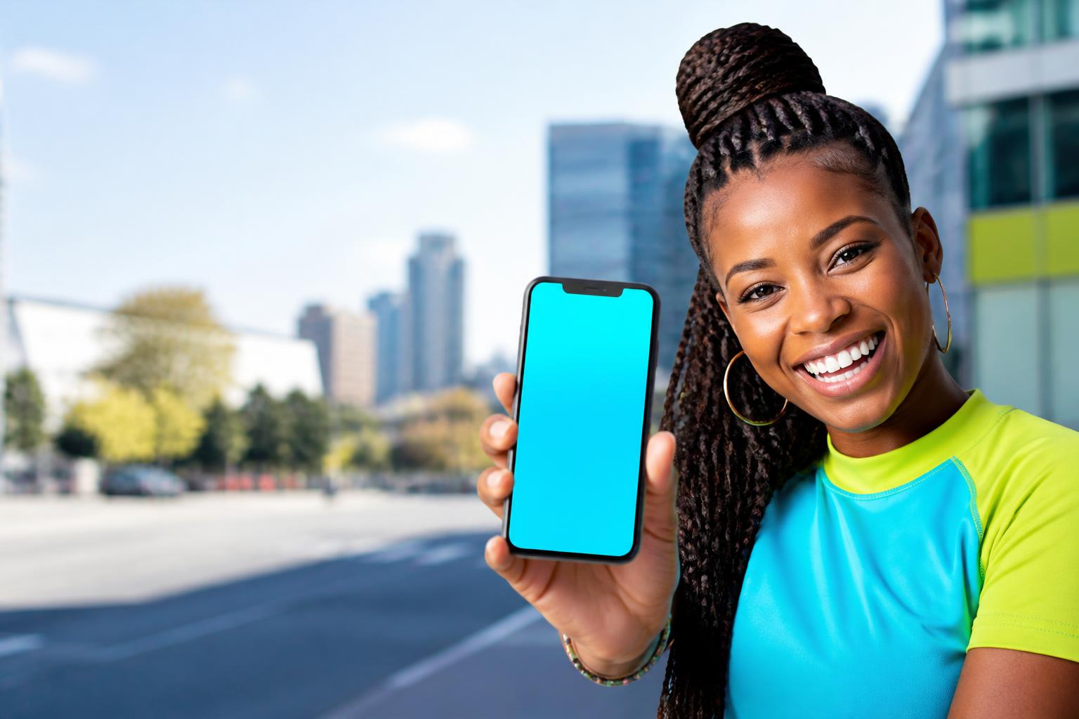 Smiling South African customer holding up a phone after buying Tenda Data
