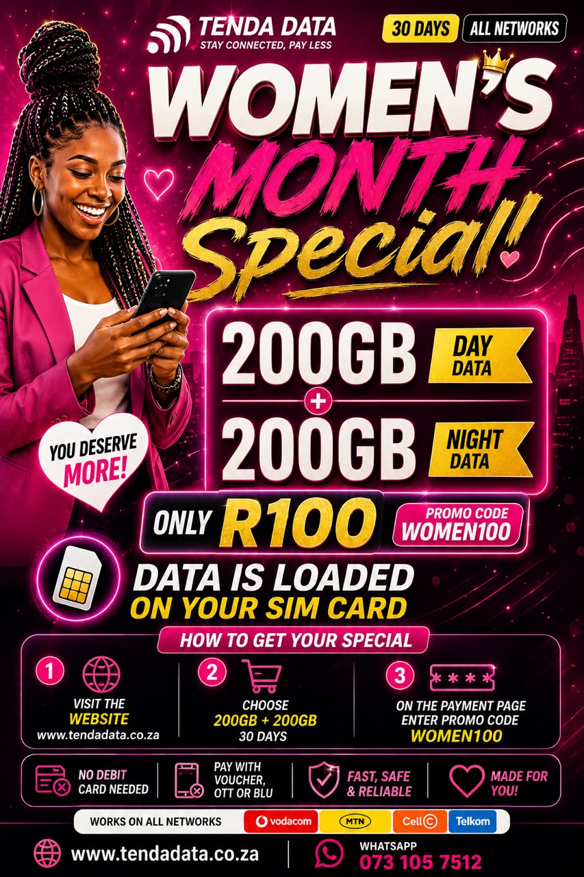 Tenda Data Women's Month Special: 200GB day data plus 200GB night data for only R100 with promo code WOMEN100